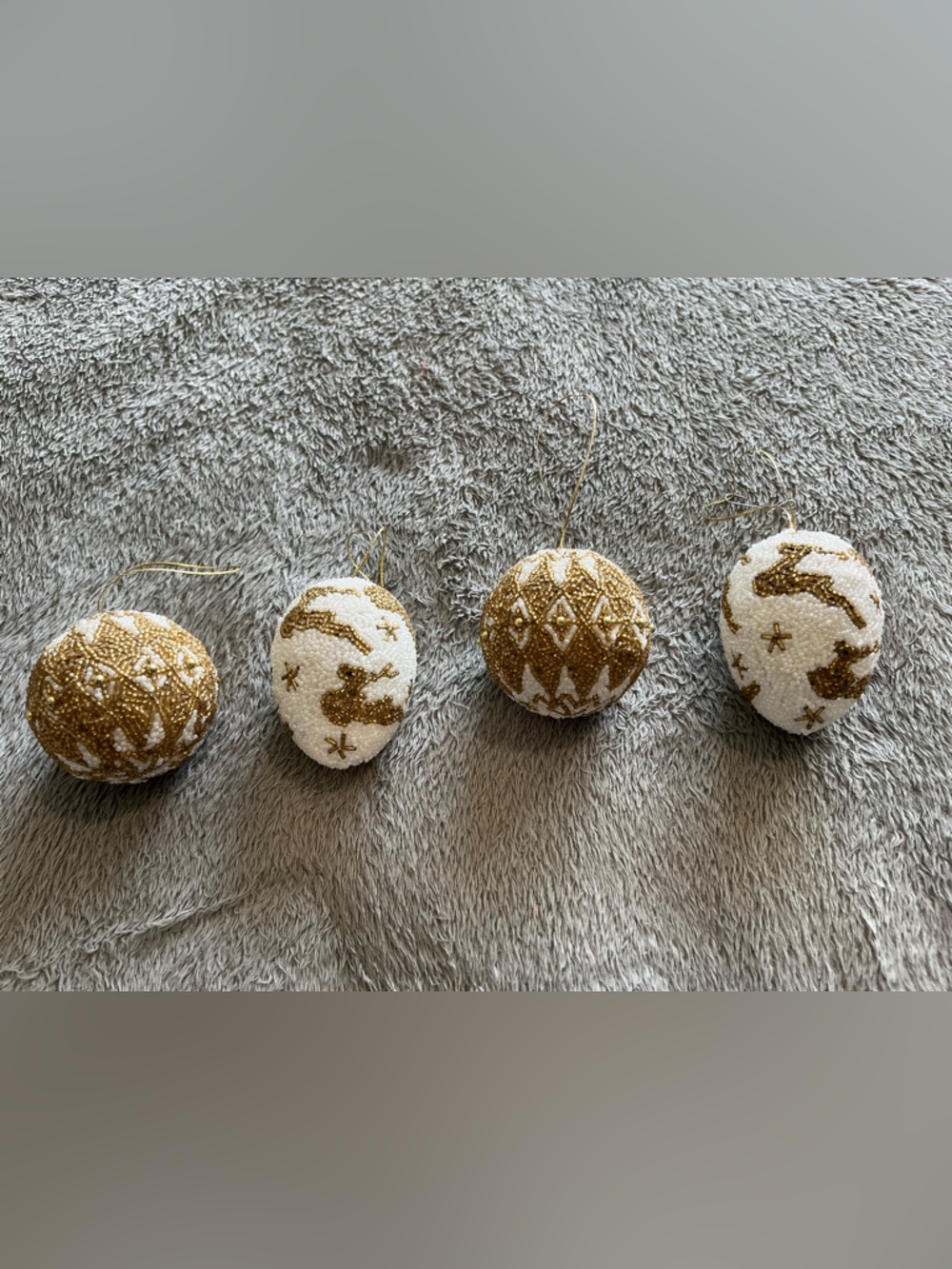 Stanley White and Gold Beaded Reindeer Ornament Set